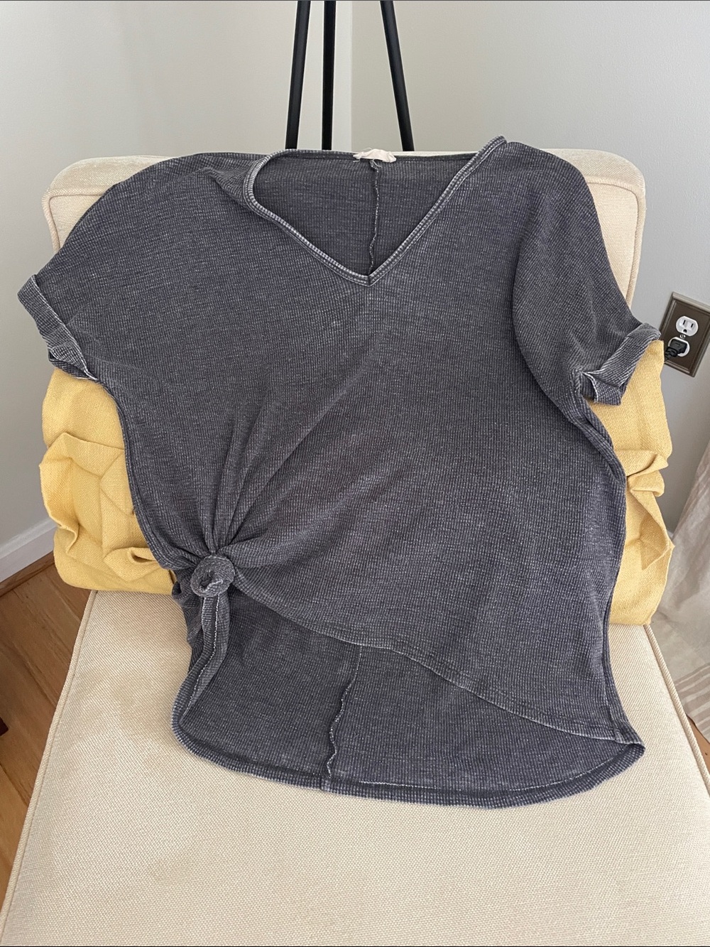 Washed Charcoal V-Neck Knot Tee - Women One Size fits most